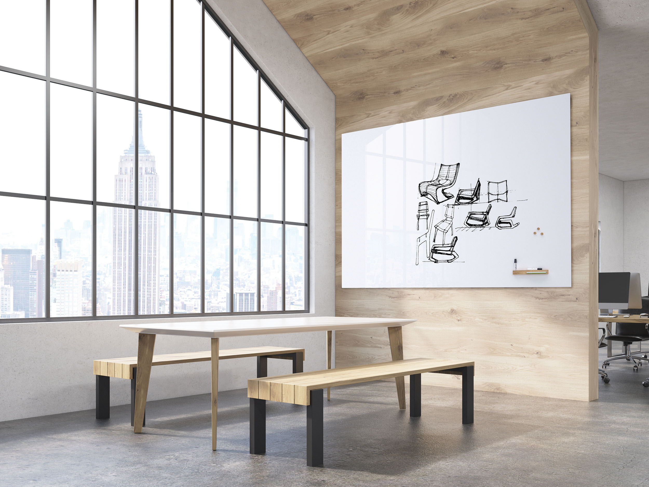 Office interior with white board with arrow labyrinth, table and benches and attic window. New York City. Concept of office canteen. 3d rendering.