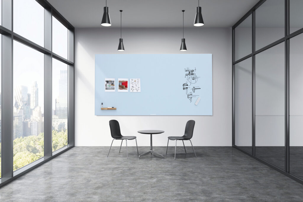 Whiteboard with business sketch in office interior with concrete floor, table, chairs and panoramic window with New York city, Central Park view. 3D Rendering